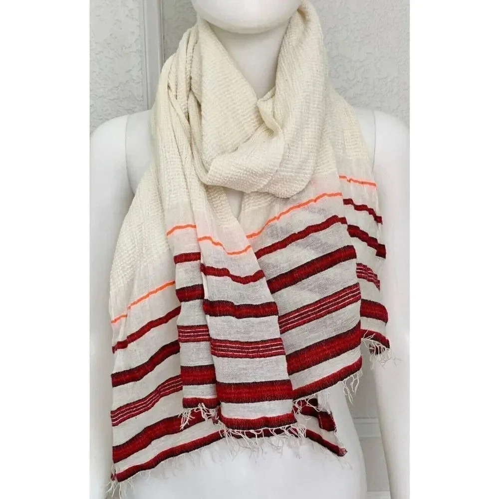 New LemLem White and Red Sesa Behive Gauzy Cotton Stripe Rectangle Scarf